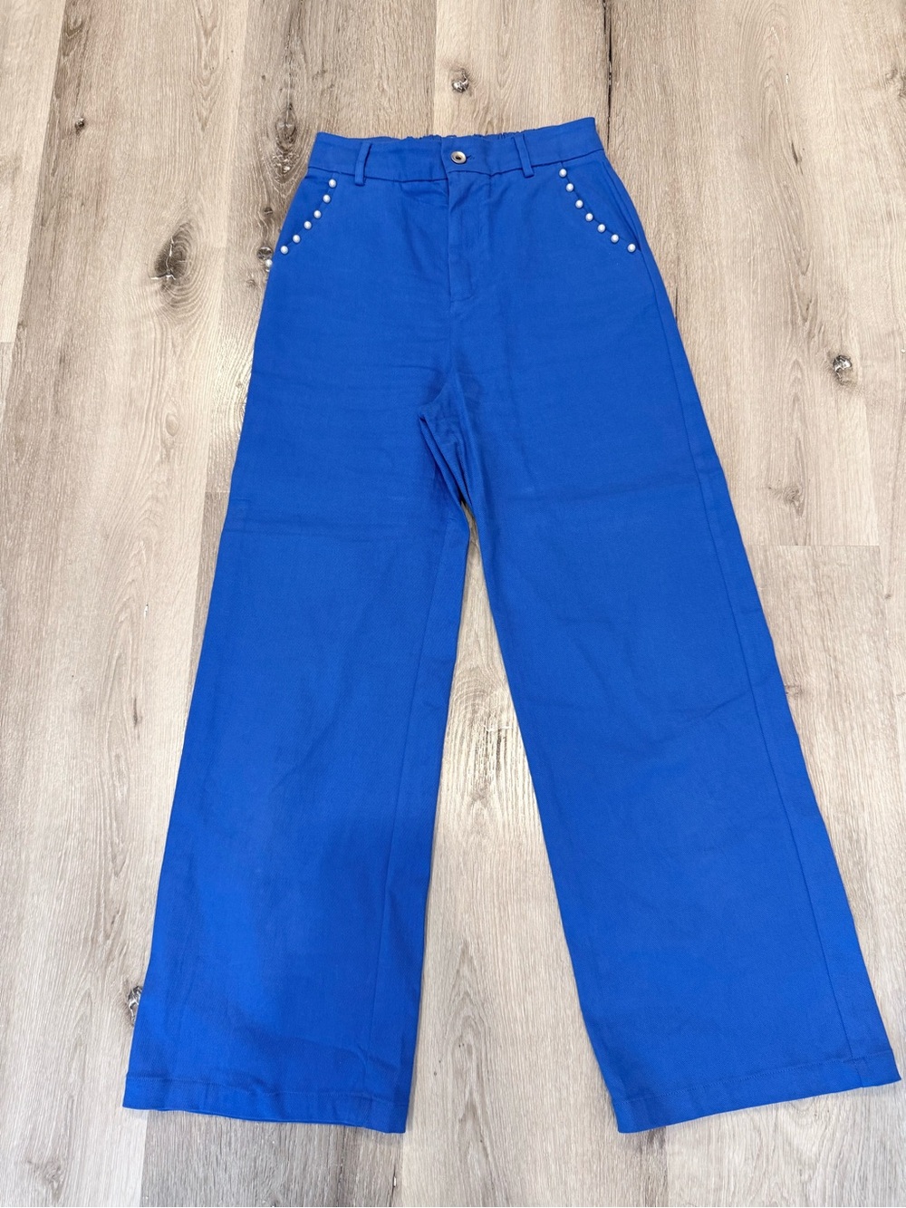 Bright Blue Pants with Pearl Studded Pockets